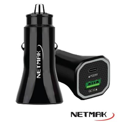 CARGADOR 12V AUTO CON 1 USB Y 1 USB C NETMAK NM-UC